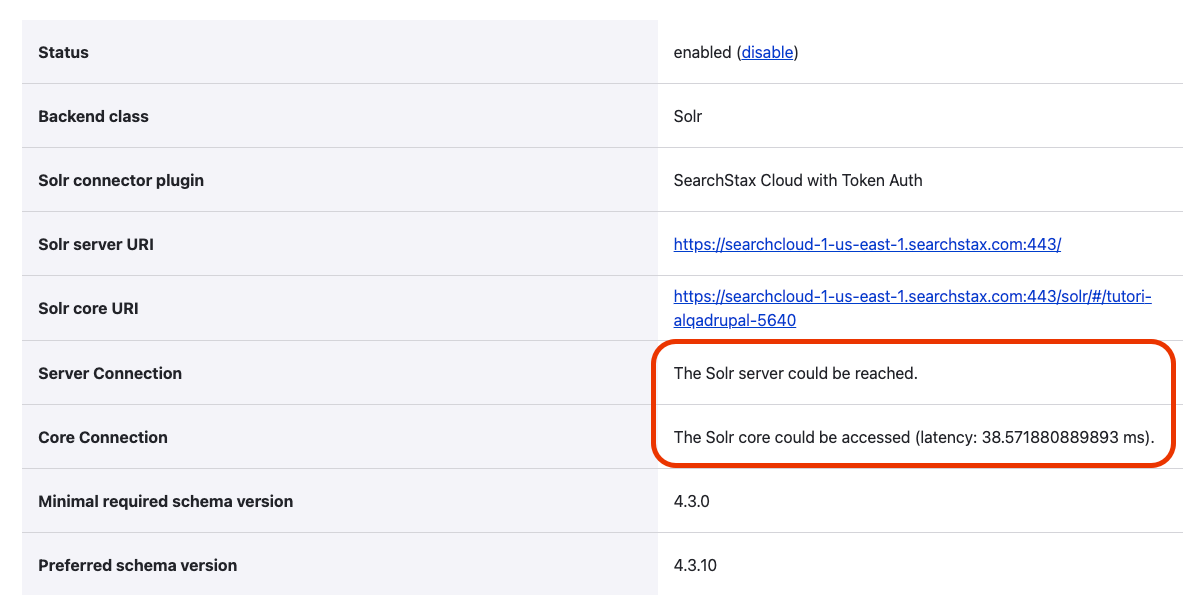 Server page showing that the Solr server could be reached and the Solr core could could be accessed, with a latency value.