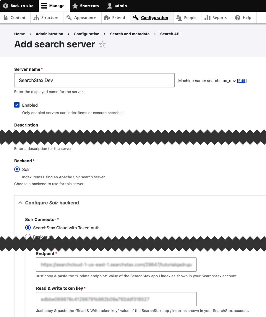 Server configuration form showing Solr connector, Update endpoint, and token fields