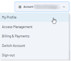 SearchStax Site Search Account menu expanded showing My Profile option.
