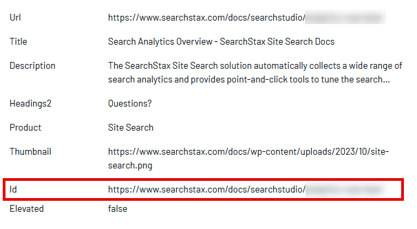 Screenshot of a SearchStax Site Search Preview result, showing the ID field contains a URL that uniquely identifies the document.