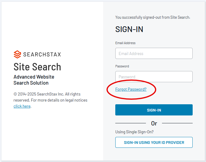 SearchStax Site Search login page highlighting the Forgot Password link.