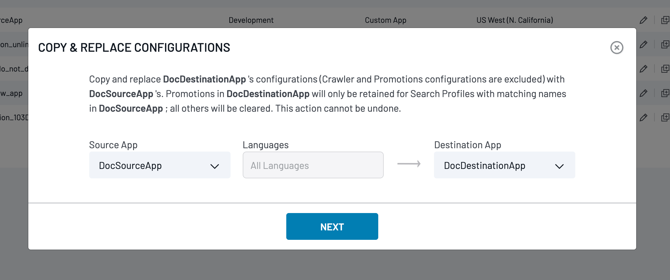 Copy and Replace Configurations window showing Source App, Languages, and Destination App selection fields.