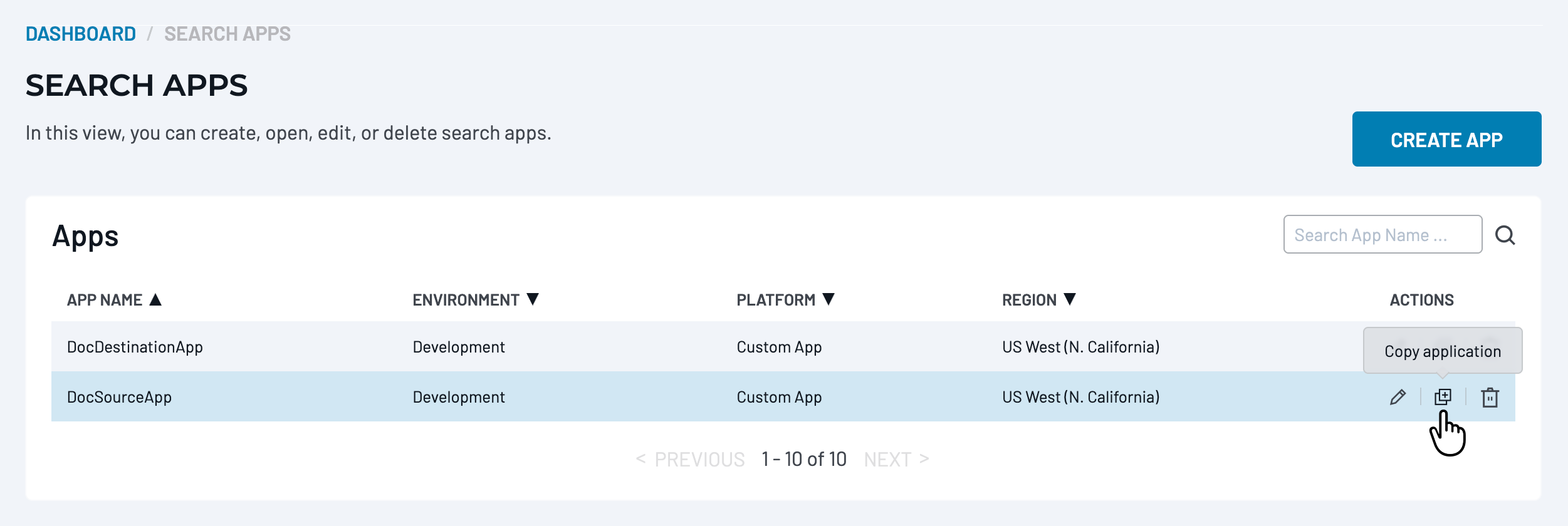 Search Apps page showing the Copy application icon in the Actions column for each app.