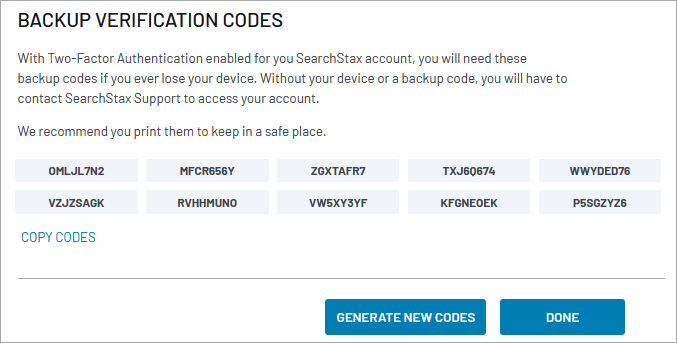 SearchStax Site Search Two-factor authentication backup verification codes.