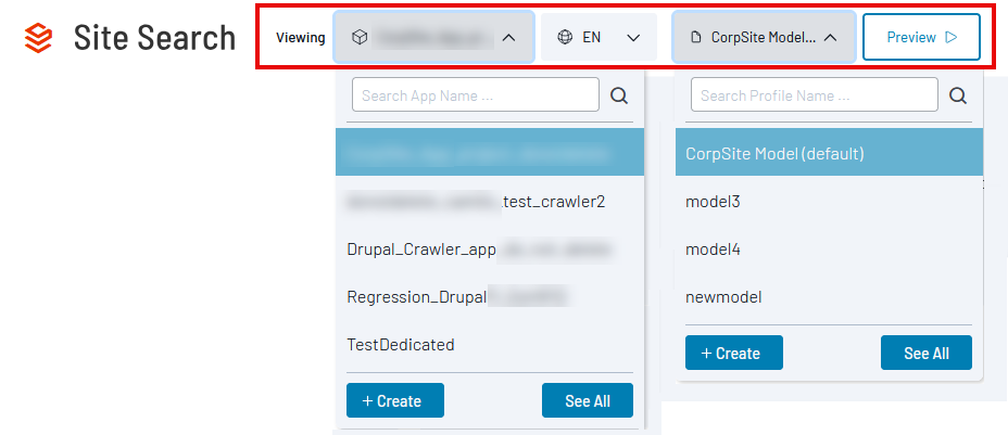 SearchStax Site Search Profile Selection bar shows profile selection options.
