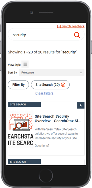 SearchStax Site Search Hosted Search Experience on a mobile device.