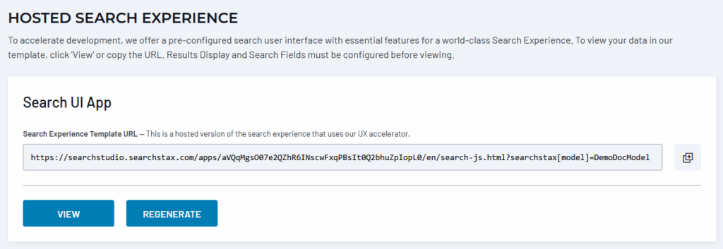 SearchStax Site Search Hosted Search Experience URL.