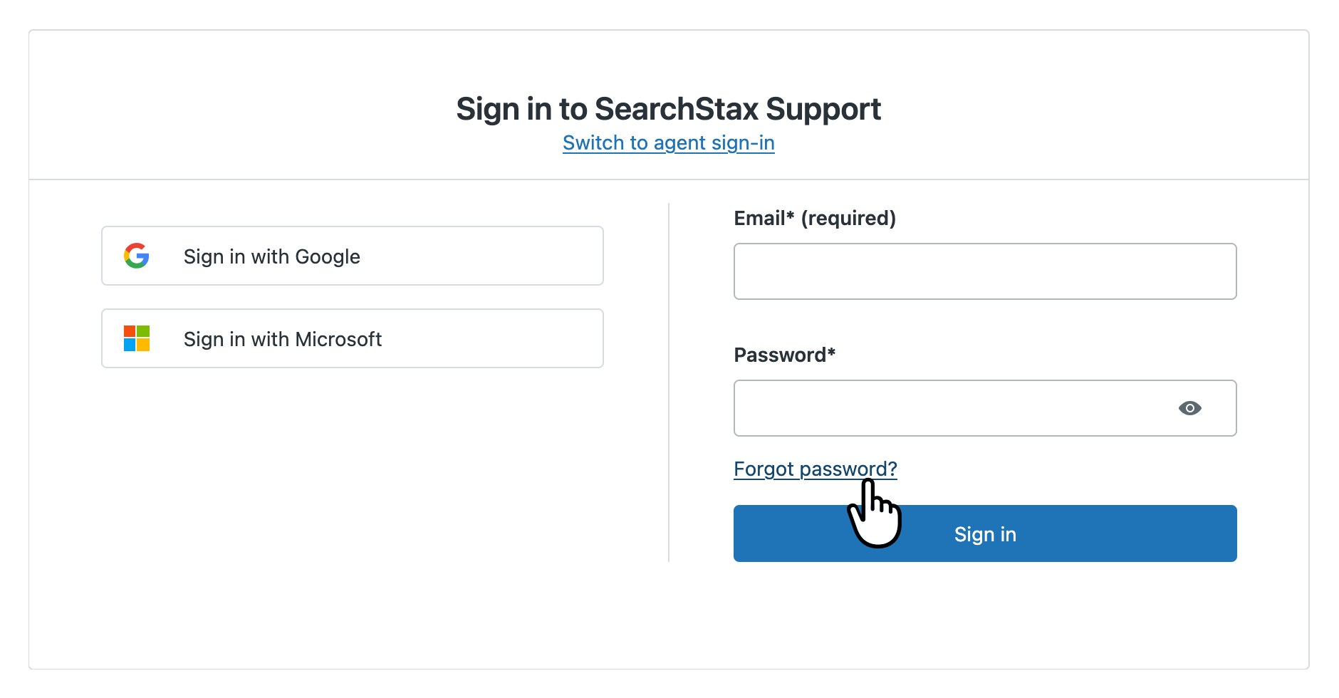 Zendesk sign-in page showing Sign in with Google button, Sign in with Microsoft button, Email and Password Fields, Forgot password link, and Sign in button highlighted by cursor.