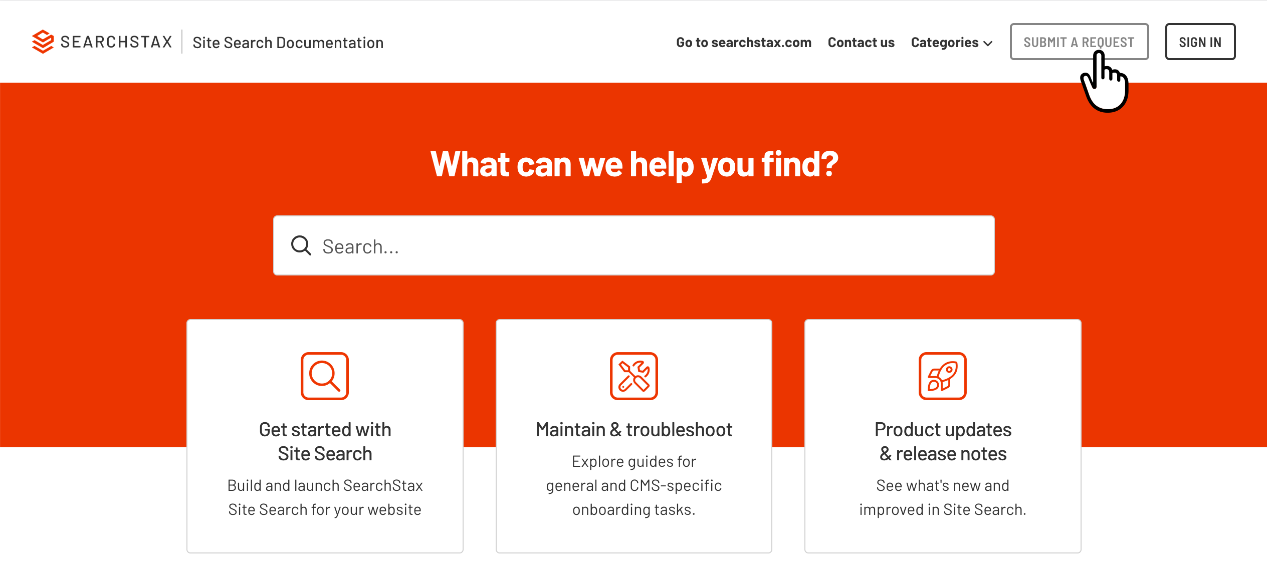 Help center header showing SUBMIT A REQUEST button highlighted in top right corner. Cursor pointing to button.