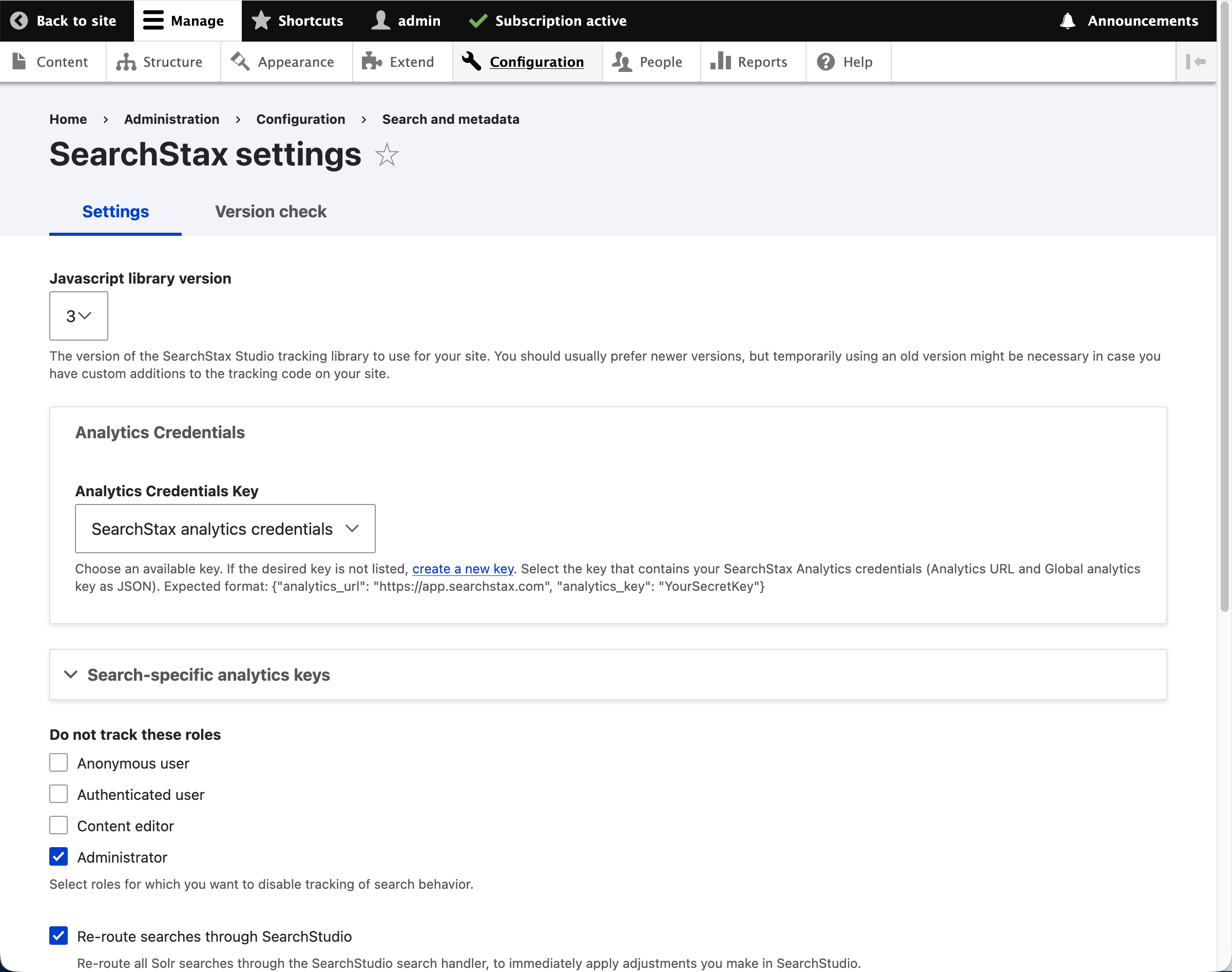 SearchStax settings screen with Analytics credentials key selected in a dropdown.