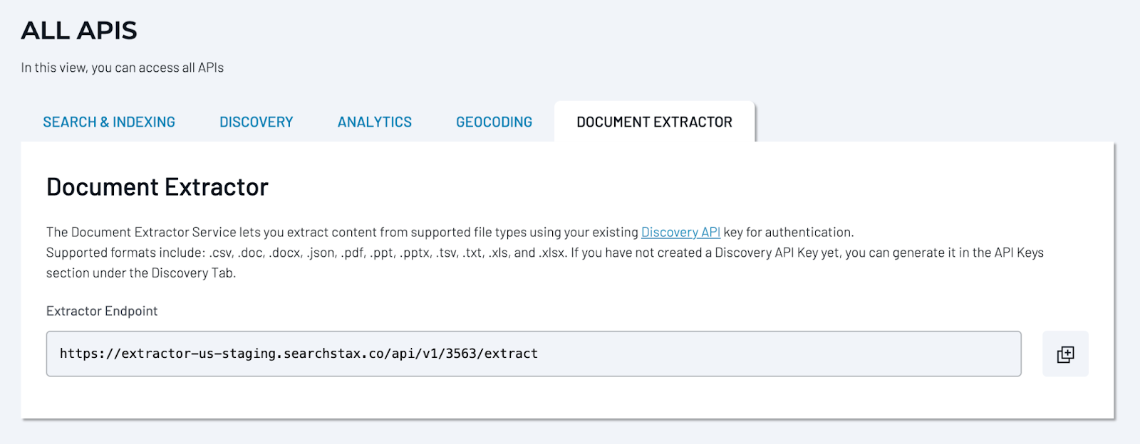 Document Extractor page showing service description and extractor endpoint URL under All APIs with Search & Indexing, Discovery, Analytics, and Geocoding tabs.