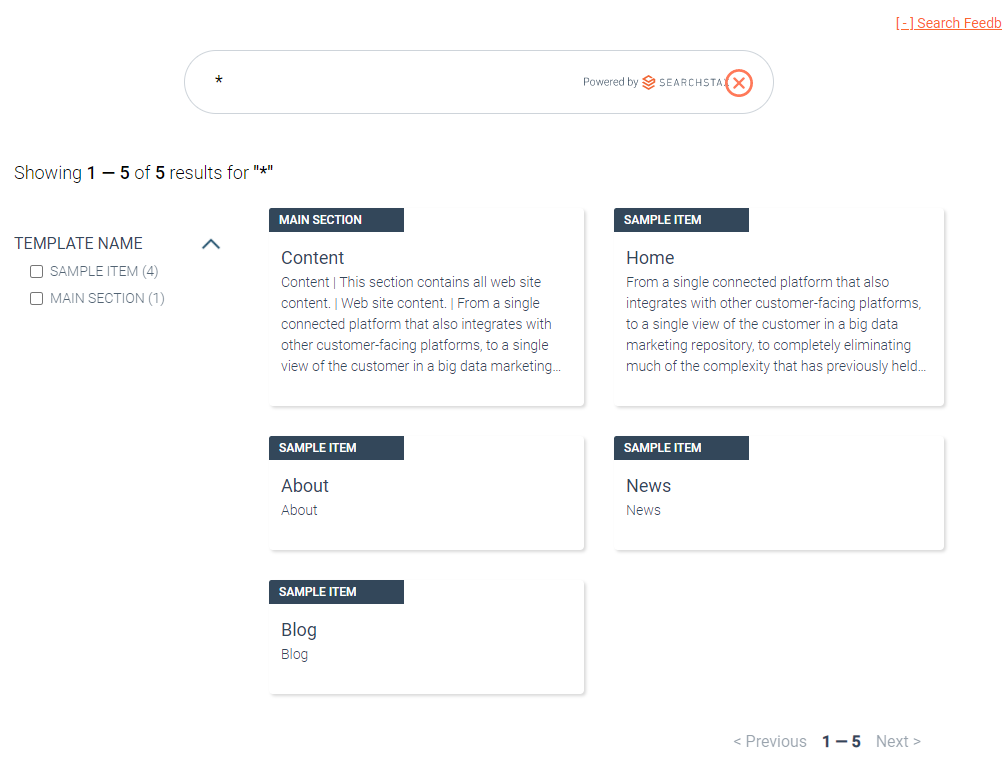 Search results page displaying five template items including Content, Home, About, News, and Blog sections with sample descriptions.