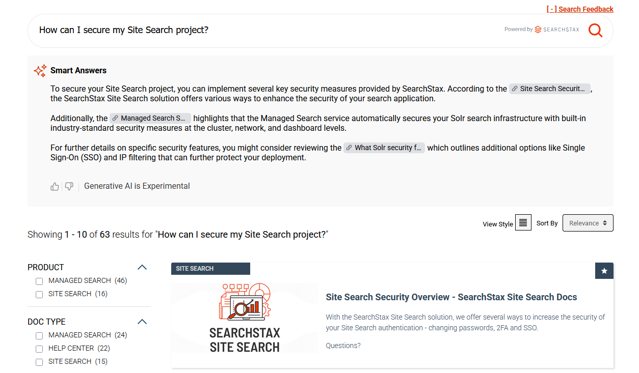 SearchStax Site Search Hosted Search Experience showing Smart Answers as seen on a laptop screen.