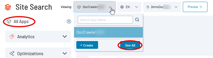 Site Search interface showing the All Apps menu with DocCrawler app selected and See All button highlighted.