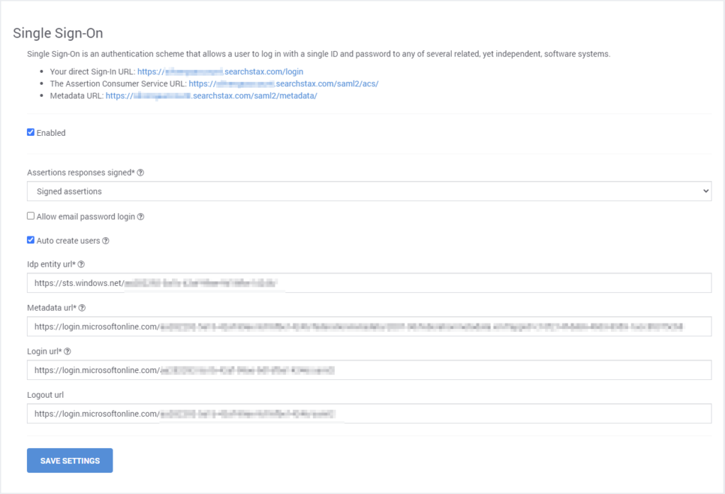 Single Sign-On configuration panel with authentication URLs, assertion settings, and user creation options for Azure AD integration.