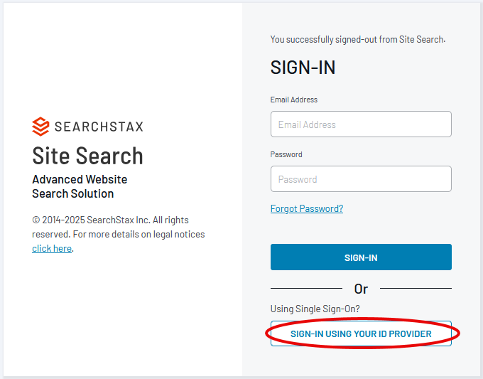 Login form for Site Search with email and password fields, plus option to sign in using an ID provider.