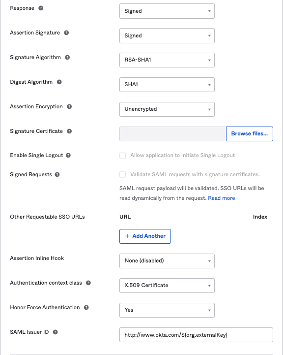 SAML configuration settings panel showing signature algorithms, encryption options, and Single Logout enablement for Okta integration.