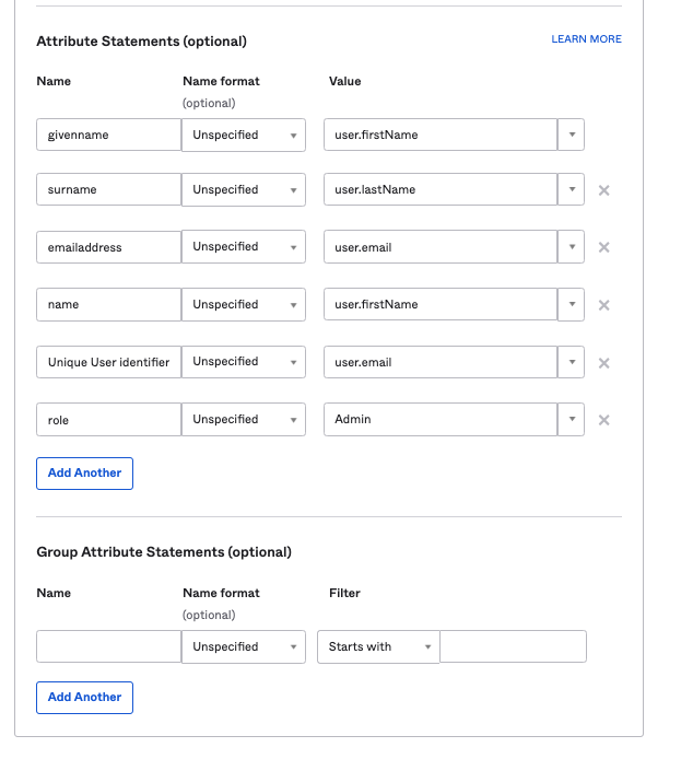 Configuration form for attribute statements showing user attribute mappings including givenname, surname, emailaddress, and role with corresponding name...