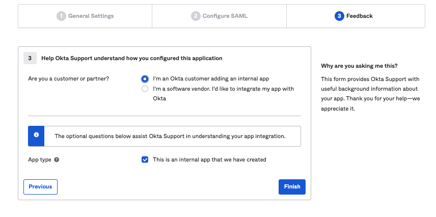 Feedback step of Okta SSO configuration showing customer type selection and app integration details form.