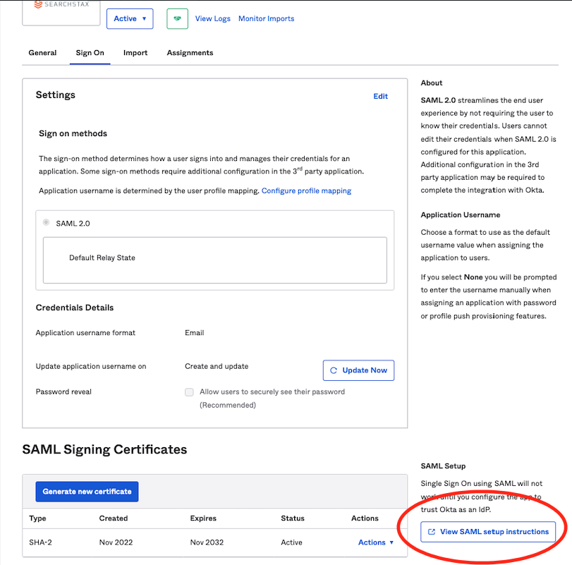Sign On settings page showing SAML 2.0 configuration options including sign-on methods, credentials details, and SAML signing certificates with an activ...
