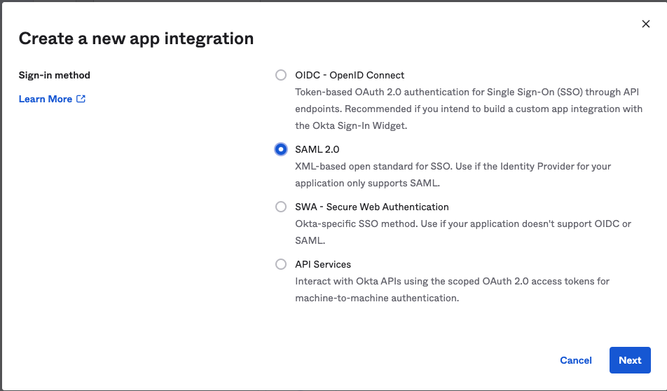 Dialog for creating a new app integration with four sign-in method options: OIDC, SAML 2.0 (selected), SWA, and API Services, each with descriptions of ...