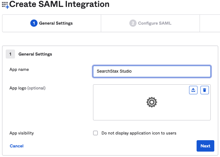 Step 1 of the SAML integration setup showing the General Settings form with app name, logo upload, and visibility options.