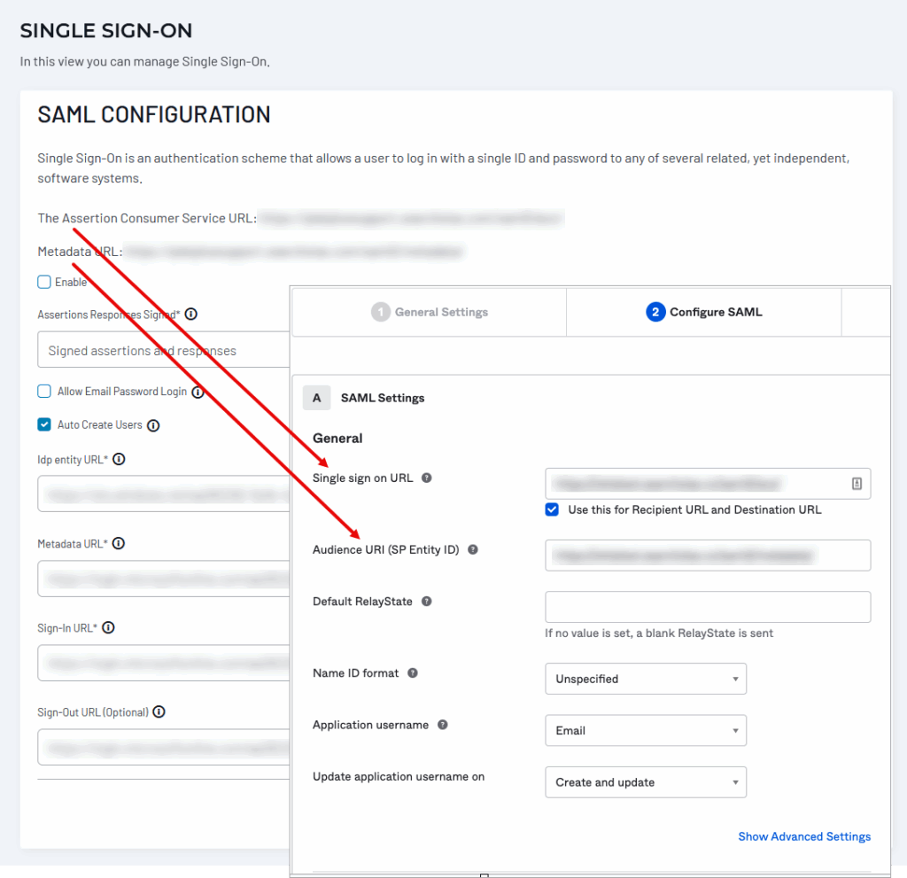 SAML configuration panel showing Single Sign-On URL, Audience URI, and other identity provider settings with red arrows indicating which fields to popul...