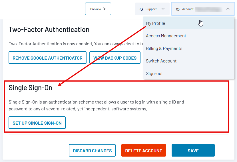 Account settings menu with Single Sign-On configuration section highlighted, showing two-factor authentication options and setup button.