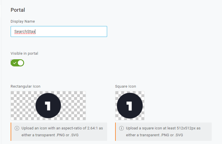 Portal configuration panel for SearchStax with display name, visibility toggle, and icon upload options for rectangular and square formats.