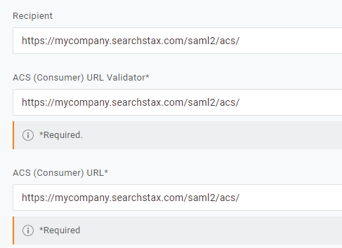 Configuration form showing Recipient, ACS Consumer URL Validator, and ACS Consumer URL fields with required field indicators for SingleSign-On setup.