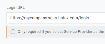 Login URL field displaying a SearchStax domain with a note explaining it's only required when Service Provider is selected.