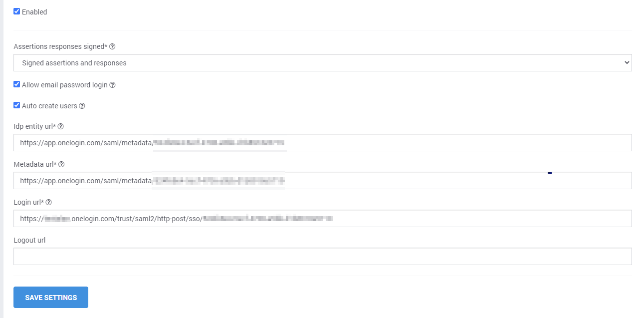 SAML identity provider configuration panel with enabled security settings, assertion response options, and endpoint URLs for single sign-on setup.