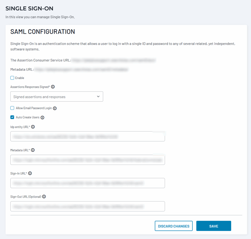 SAML configuration form with fields for Assertion Consumer Service URL, Metadata URL, IdP entity URL, Sign-In URL, and Sign-Out URL, along with toggles ...