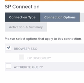 SP Connection configuration panel with Connection Type and Connection Options tabs, showing Browser SSO selected and IDP Discovery and Attribute Query o...