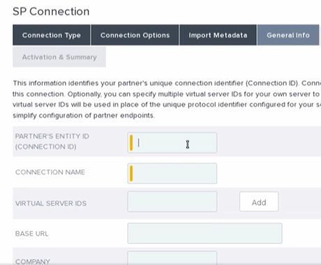 SP Connection configuration form showing partner entity ID, connection name, virtual server IDs, base URL, and company fields.