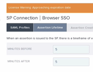 The Assertion Lifetime tab showing SAML assertion validity window with minutes before and after expiration settings.