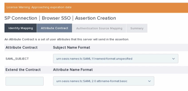 Attribute Contract configuration tab showing SAML subject name format and attribute name format settings for SP Connection Browser SSO.