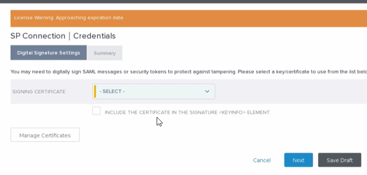 Digital Signature Settings tab showing certificate selection dropdown and option to include certificate in SAML signature keyinfo element.