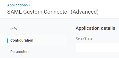 SAML Custom Connector (Advanced) application selected in OneLogin with Configuration and Parameters options in the left sidebar.