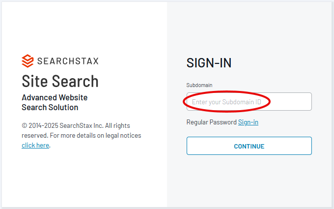 Sign-in form requesting subdomain ID with a Continue button and Regular Password Sign-in option.