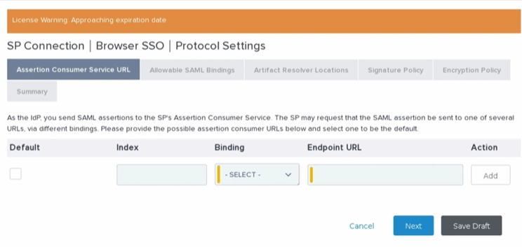 Assertion Consumer Service URL configuration tab showing default, index, binding, and endpoint URL fields for SAML assertion consumer URL setup.