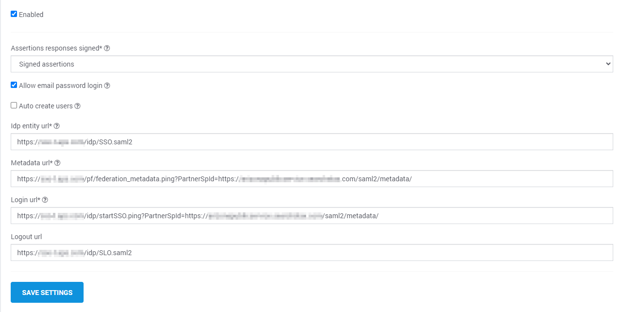SAML authentication configuration form with IdP entity URL, metadata URL, login URL, and logout URL fields for PingFederate setup.