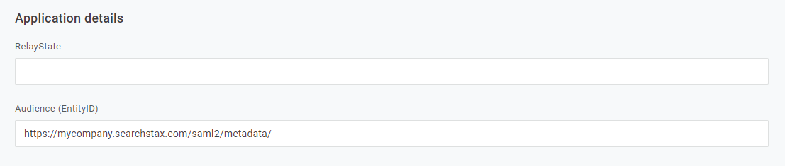 Application details panel showing RelayState and Audience fields with entity ID URL for OneLogin SSO configuration.