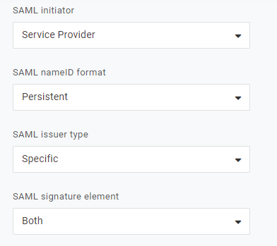 SAML configuration form with four dropdown fields set to Service Provider, Persistent, Specific, and Both.