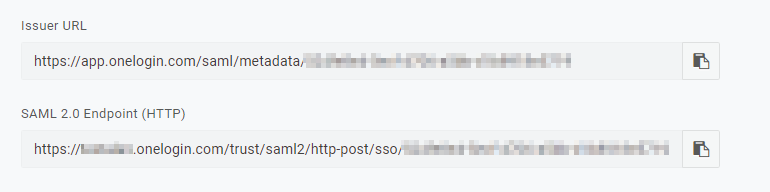 SAML configuration fields showing Issuer URL and SAML 2.0 Endpoint (HTTP) with copyable URLs for OneLogin single sign-on setup.