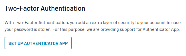 SearchStax Site Search My Profile screen showinng Two-Factor Authentication option.