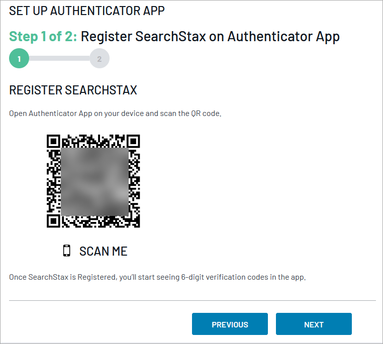 SearchStax Site Search Set Up for Authenticator App showing QR code.