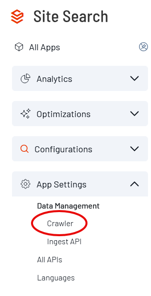 Left navigation menu showing Crawler under Site Search, App Settings, and Data Management.