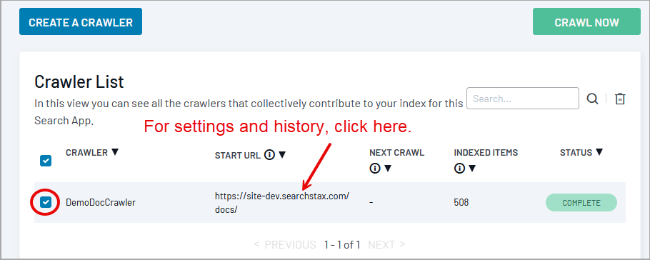 Crawler list interface showing a completed DemoDocCrawler with 508 indexed items and options to manage settings and history.