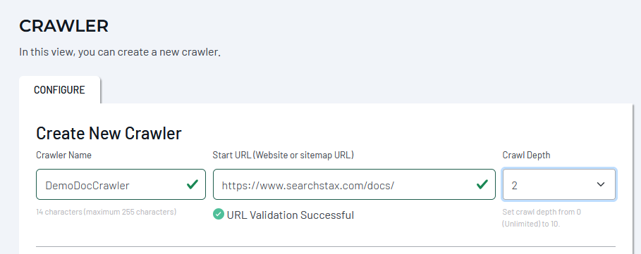 Create new crawler interface showing fields for crawler name, start URL, and crawl depth with URL validation.
